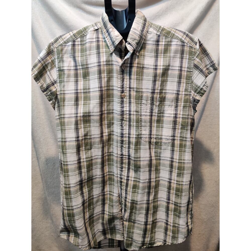Vintage Wrangler Rugged Wear Shirt Men's Size 15-15.5 (M) Cap Sleeves Plaid GRN